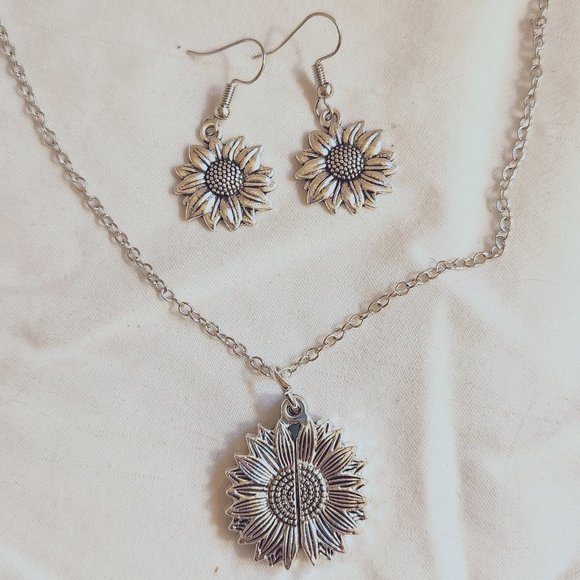 Sunflower Charm Stainless Steel Pendant Locket Necklace and Earring Set NEW - Picture 4 of 6